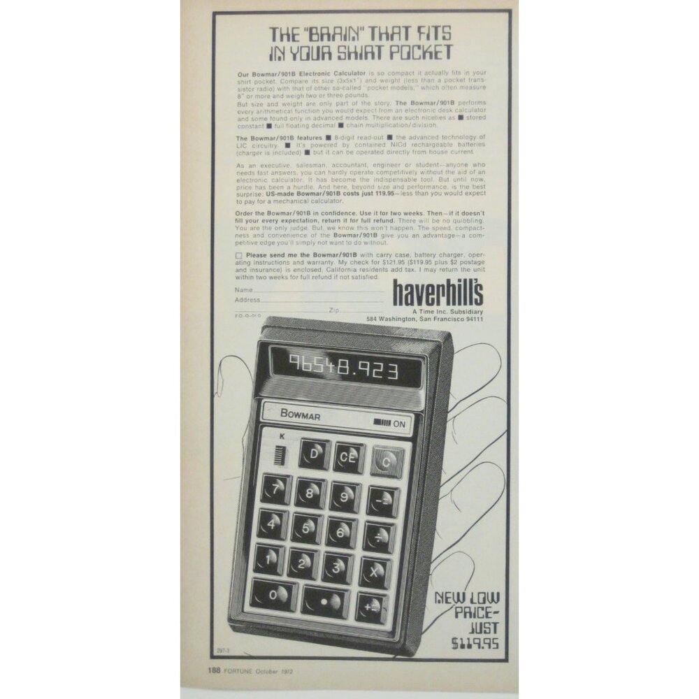 Bowmar 901B Electronic Handheld Calculator Vintage 1972 Print Ad AD Calculator